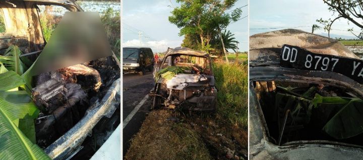 Ket: Kolase foto mobil pickup yang hangus terbakar di perbatasan Empagae-Kanyuara, Sidrap, Jumat 15/12. (foto: ist)