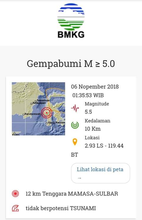 Gempa Bumi Tektonik M 5,5 Skala Richter Kembali Mengguncang Mamasa