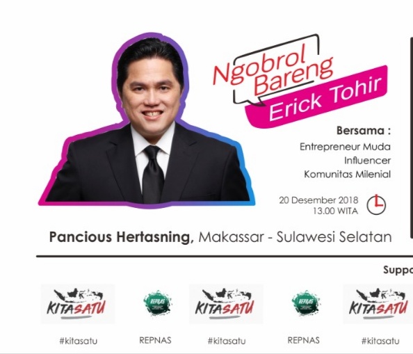 Besok, Entrepreneur Muda dan Komunitas Milenial Jumpa Erick Thohir di Makassar