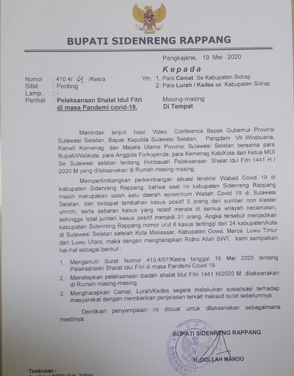 SE Sebelumnya di Anulir, Pemkab Sidrap Keluarkan SE Baru Soal Shalat Idul Fitri Saat Pandemi