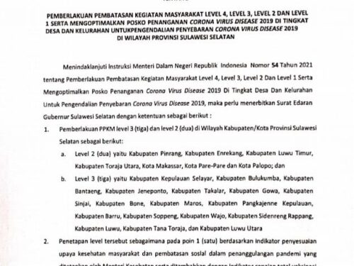 Optimalkan Posko, Pemprov Sulsel Keluarkan Surat Edaran Terbaru Penetapan PPKM