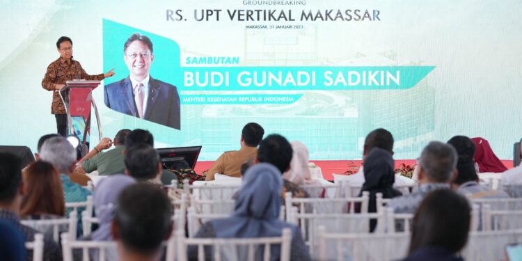 Menteri Kesehatan RI, Budi Gunadi Sadikin disampaikan pada acara peletakan batu pertama (ground breaking) RS UPT Vertikal Makassar di CPI Makassar, Selasa (31/1/2023)