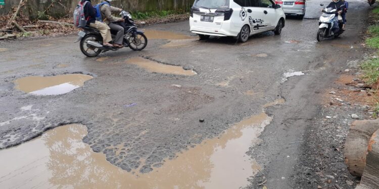 Salah satu ruas jalan Pattalassang di Kabupaten Gowa yang rusak