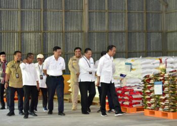 Gubernur Sulsel Andi Sudirman Sulaiman mendampingi Presiden RI Joko Widodo (Jokowi) untuk mengecek ketersediaan beras di Gudang Bulog Batangase, Kabupaten Maros, Kecamatan Mandai, Kamis (30/3/2023)