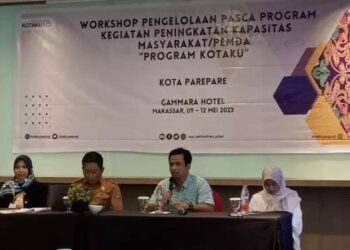 Workshop Pengelolaan Pasca Program Kegiatan Peningkatan Kapasitas Masyarakat dan Pemda Program NSUP-KOTAKU di Hotel Gammara, Makassar, pada Selasa (9/5/2023)