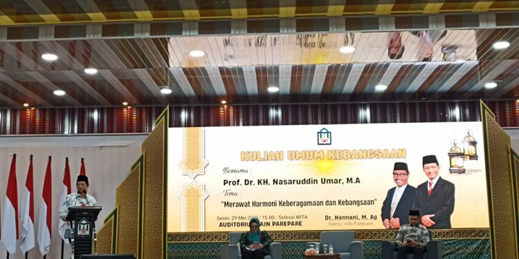 Imam Besar Masjid Istiqlal Jakarta, Prof. Dr. KH. Nasaruddin Umar, M.A.  menjadi pembicara Kuliah Umum Kebangsaan, di Auditorium IAIN Parepare, Senin (29/5/2023)