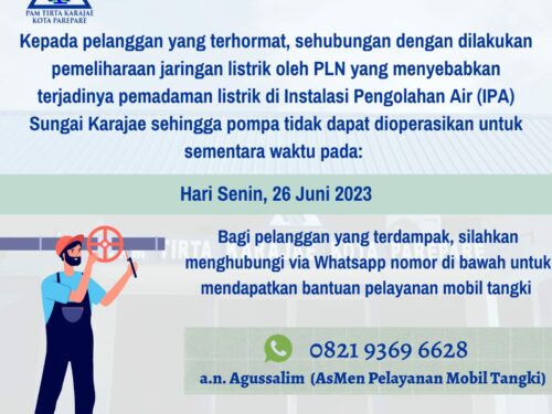 Pemeliharaan Listrik PLN, PAM Tirta Karajae Umumkan Gangguan Distribusi Air