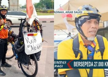 Sayudi Prastopo tempuh pesepeda Indonesia yang gowes hingga madinah untuk umroh usai gagal laksanakan haji. (Kolase Pijarnews.com)
