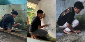 Sumber Foto: Kolase aksi Cecep membersihkan toilet masjid yang viral di media sosial dan mendapat respons positif dari warganet. (HO/Istimewa)